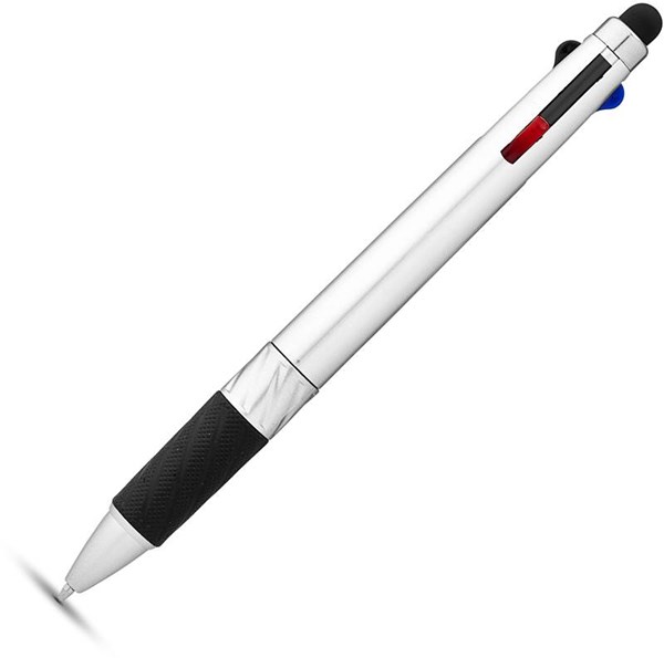 Obrázky: Stříbrné 4 v 1 plastové kuličkové pero se stylusem