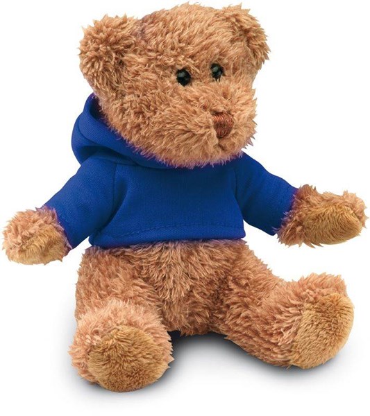 Obrázky: Hnědý plyšový medvídek v modrém svetru s kapucí