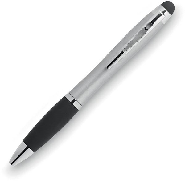 Obrázky: Stříbrno-černé kul.pero se stylusem, podsvíc. logo