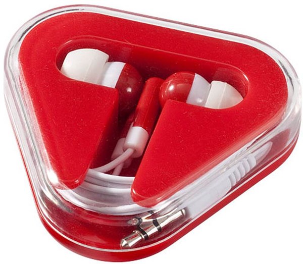 Obrázky: Červená sluchátka v trojúhelníkovém boxu