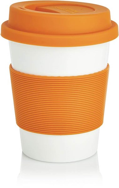 Obrázky: Bílo-oranžový hrnek 350 ml s izolací a víčkem
