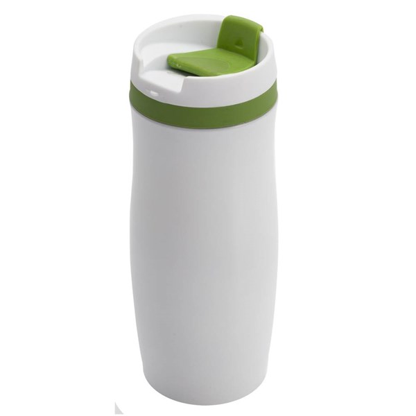 Obrázky: Bílý nerezový termohrnek 390 ml, zelené doplňky, Obrázek 1