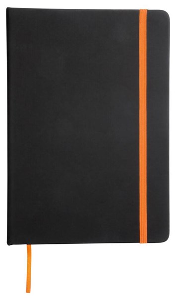 Obrázky: Černý blok A6 s oranžovým okrajem a doplňky