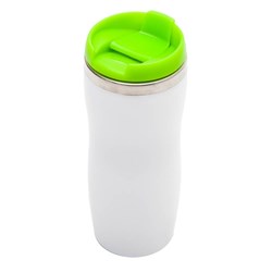 Obrázky: Bílý plast. termohrnek 350 ml se zeleným víčkem