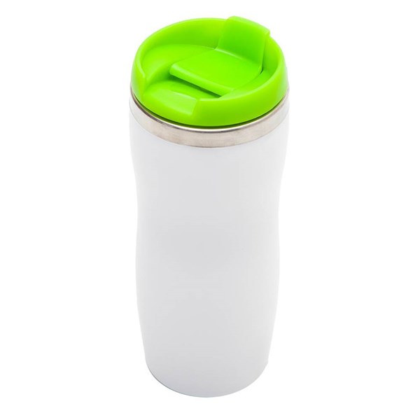 Obrázky: Bílý plast. termohrnek 350 ml se zeleným víčkem