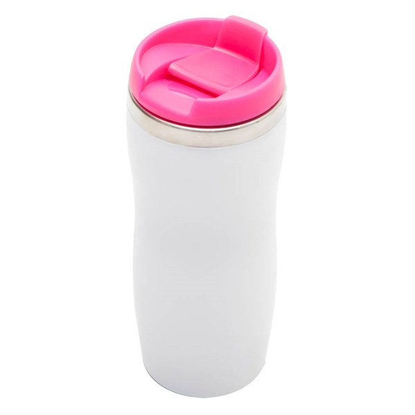 Obrázky: Bílý plast. termohrnek 350 ml s růžovým víčkem