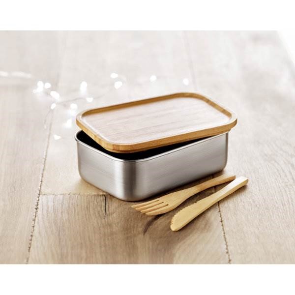 Obrázky: Nerezová krabice na jídlo s bambus.víkem a příborem, Obrázek 2