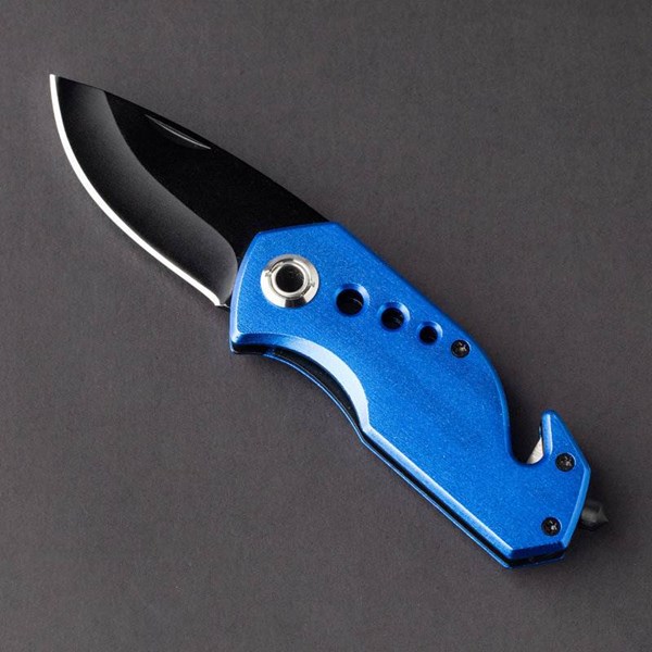 Obrázky: Modrý kov.skládací nůž s řezákem na pásy a kladivem