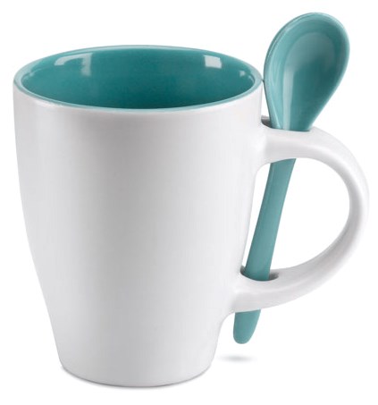 Obrázky: Bílý keramický hrnek s modro-zeleným vnitřkem a lžičkou