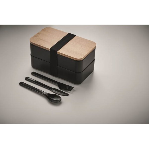 Obrázky: Dvoupatrový obědový box s bambusovým víkem, černý, Obrázek 5