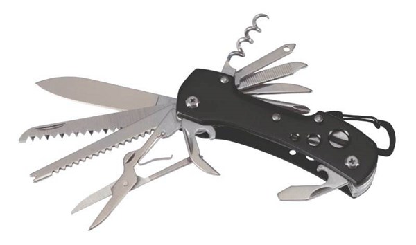 Obrázky: Černý kovový kapesní nůž s 12 funkcemi a karabinou