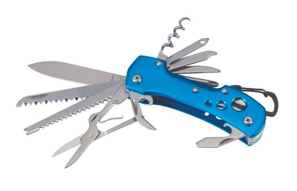 Obrázky: Modrý kovový kapesní nůž s 12 funkcemi a karabinou, Obrázek 2