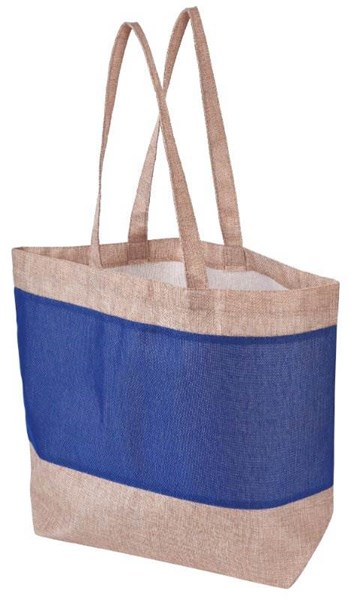 Obrázky: Polyester.taška v jutovém vzhledu, modrý pruh, dl.uši