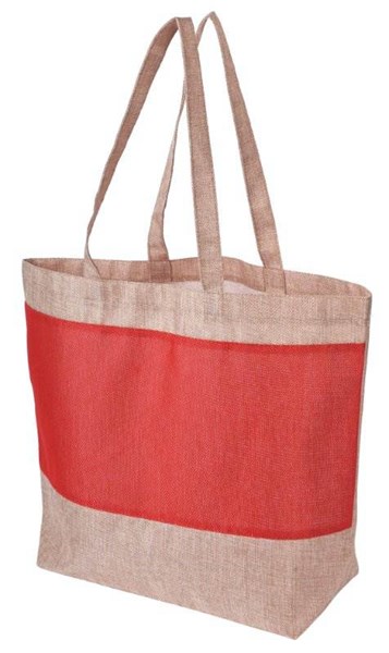 Obrázky: Polyester.taška v jutovém vzhledu, červený pruh, dl.uši