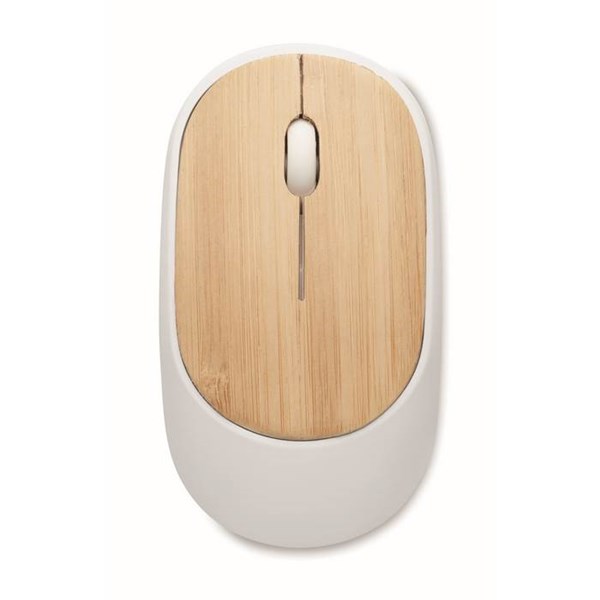 Obrázky: Bílá bezdrátová myš z ABS s bambus. povrchem, Obrázek 2
