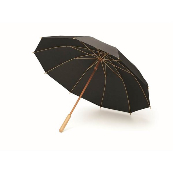 Obrázky: Černý větru odolný RPET deštník s bambus. rukojetí, Obrázek 1