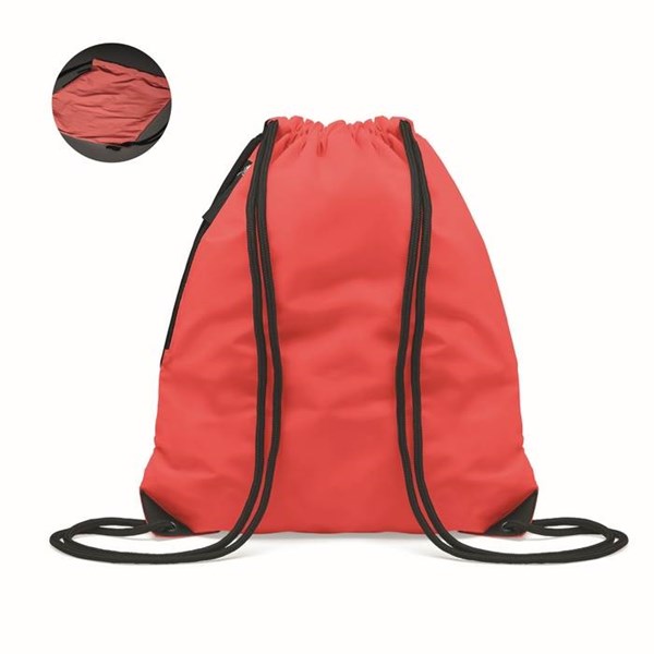 Obrázky: Červený lesklý stahovací batoh s boční kapsou