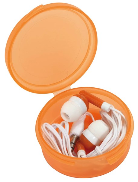 Obrázky: Sluchátka s 3,5mm jackem v oranžové kulaté krabičce