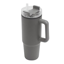 Obrázky: Tm. šedý dvoustěnný termohrnek 900ml, brčko a ucho