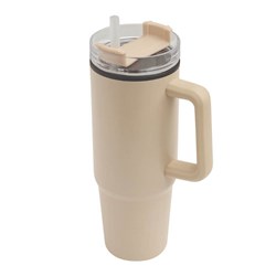 Obrázky: Béžový dvoustěnný termohrnek 900ml, brčko a ucho