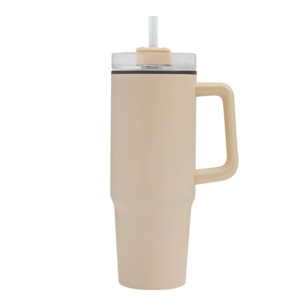 Obrázky: Béžový dvoustěnný termohrnek 900ml, brčko a ucho, Obrázek 2