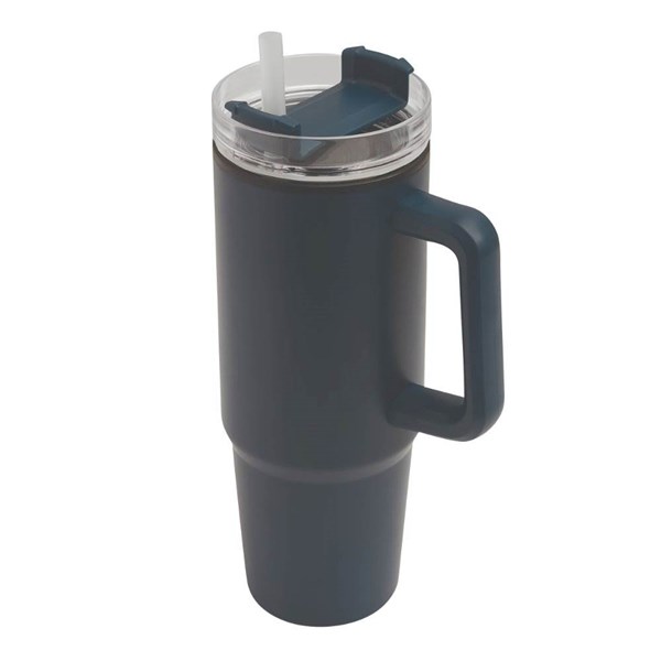 Obrázky: Modrý dvoustěnný termohrnek 900ml, brčko a ucho