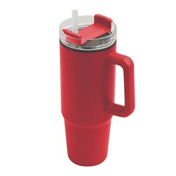 Obrázky: Červený dvoustěnný termohrnek 900ml, brčko a ucho