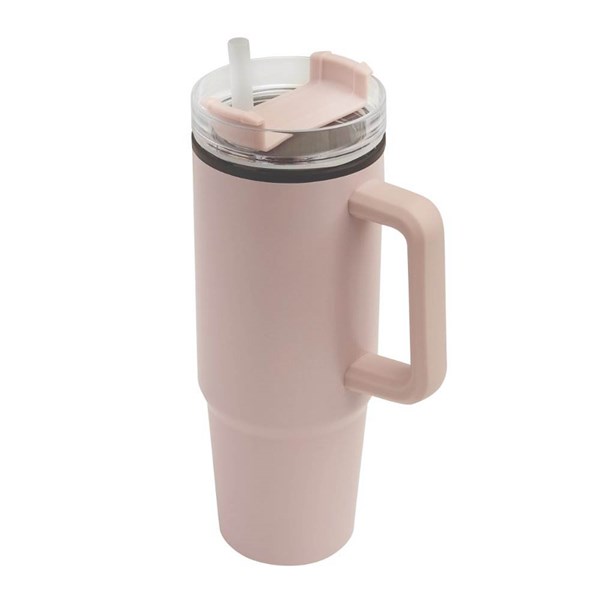 Obrázky: Růžový dvoustěnný termohrnek 900ml, brčko a ucho
