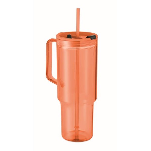 Obrázky: Průhledný hrnek 1200 ml s brčkem, oranžový