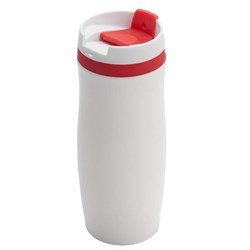 Obrázky: Bílý nerezový termohrnek 390 ml, červené doplňky