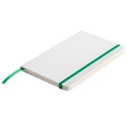 Obrázky: Bílý blok A5 se zelenou elastickou páskou, linky